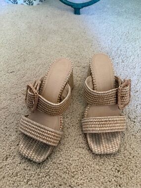 Coconuts by Matisse Woven Buckle Slide Sandals in Natural Tan